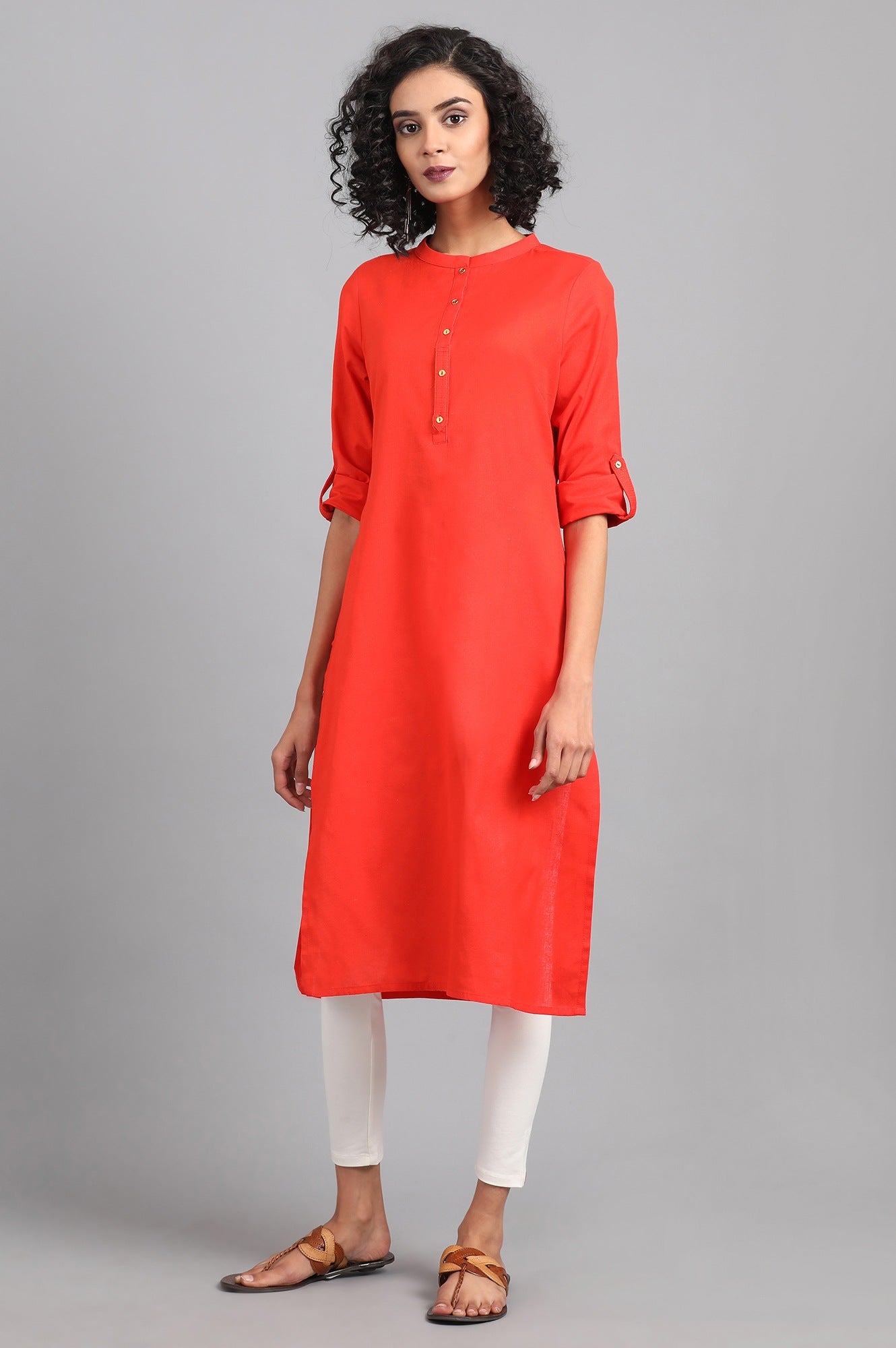 Orange Mandarin Neck Solid kurta