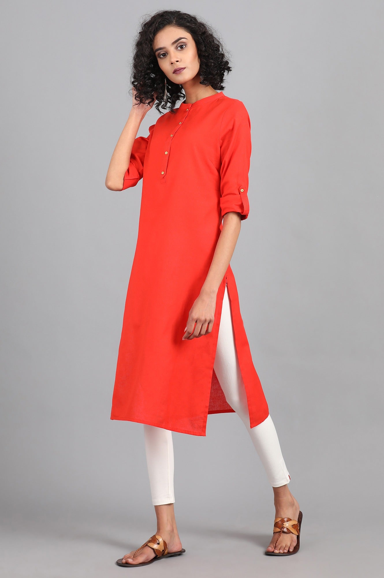 Orange Mandarin Neck Solid kurta