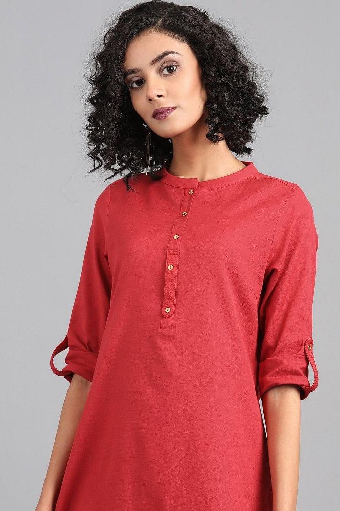 Red Mandarin Neck Solid kurta - wforwoman