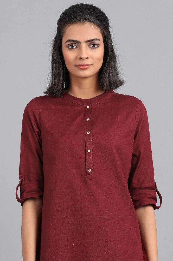 Red Mandarin Neck Solid kurta - wforwoman