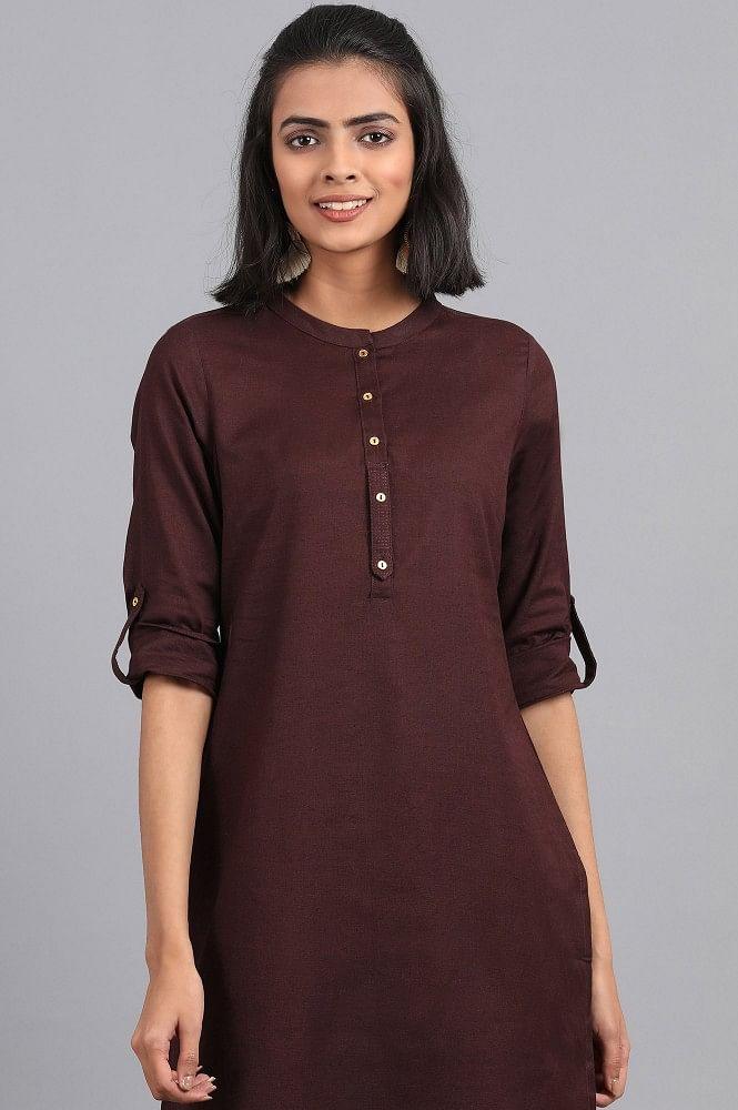 Brown Mandarin Neck Solid kurta - wforwoman