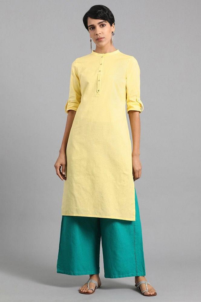 Yellow Mandarin Neck Solid kurta - wforwoman