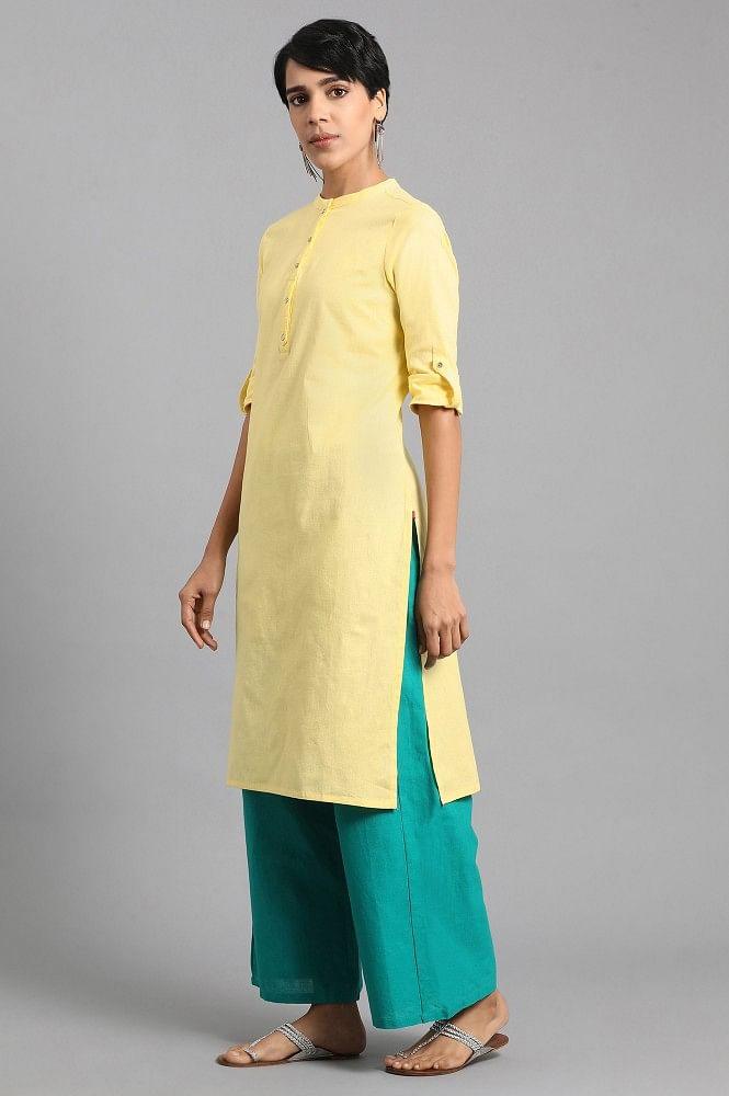 Yellow Mandarin Neck Solid kurta - wforwoman