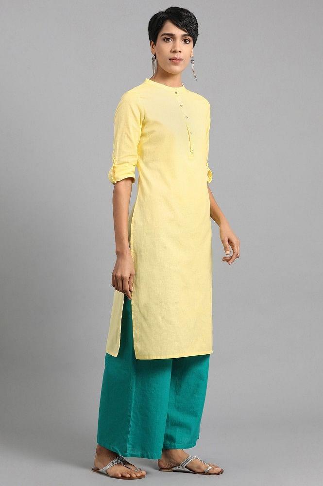 Yellow Mandarin Neck Solid kurta - wforwoman