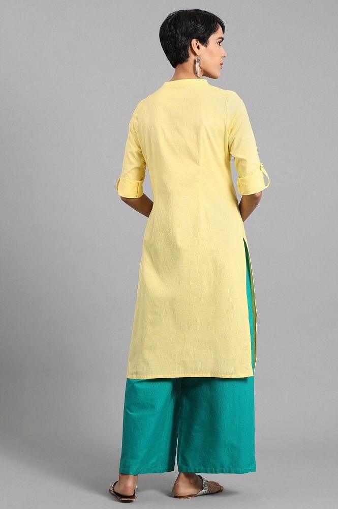 Yellow Mandarin Neck Solid kurta - wforwoman