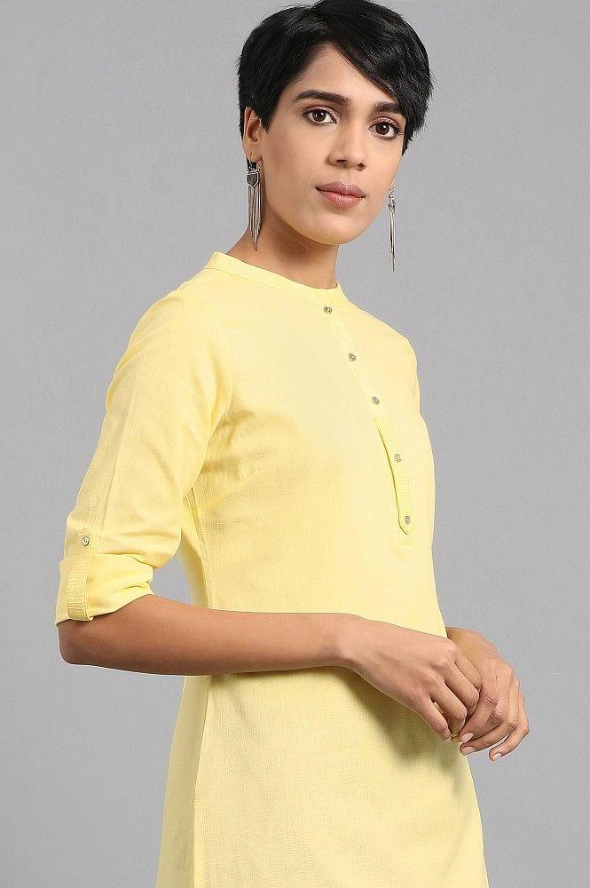 Yellow Mandarin Neck Solid kurta - wforwoman