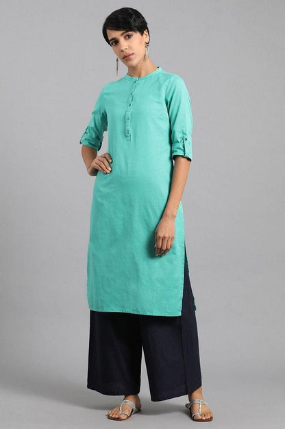 Blue Mandarin Neck Solid kurta - wforwoman