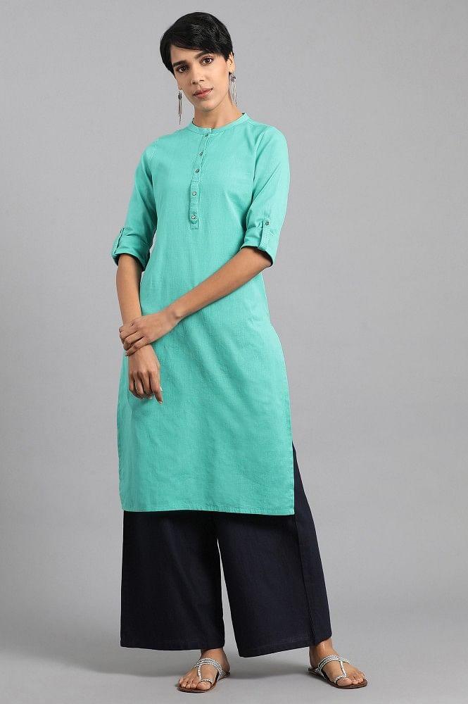 Blue Mandarin Neck Solid kurta - wforwoman