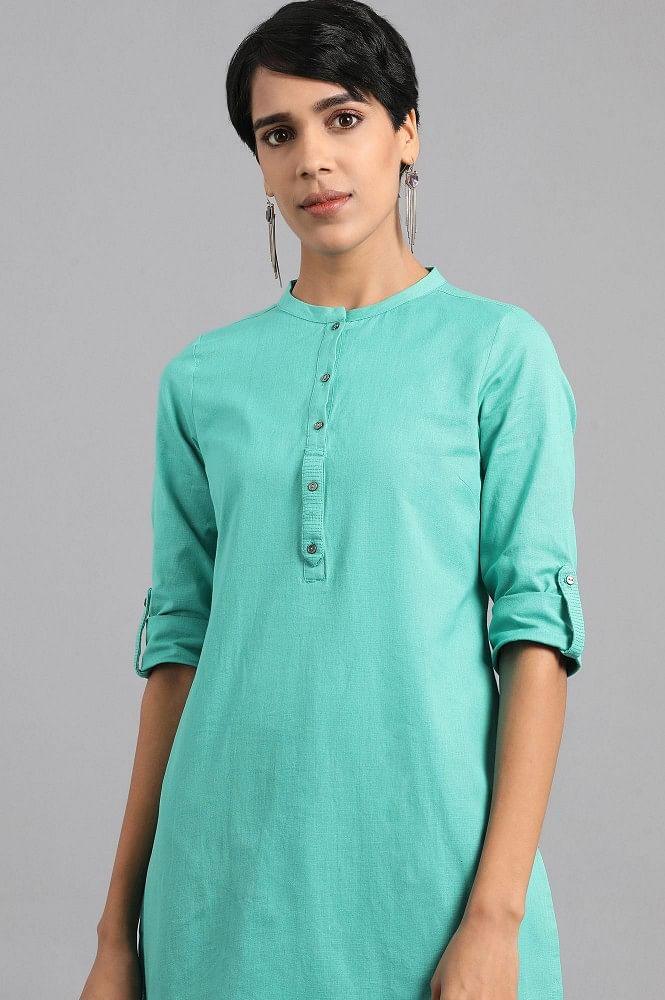 Blue Mandarin Neck Solid kurta - wforwoman