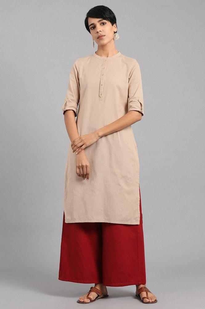 Beige Mandarin Neck Solid kurta - wforwoman