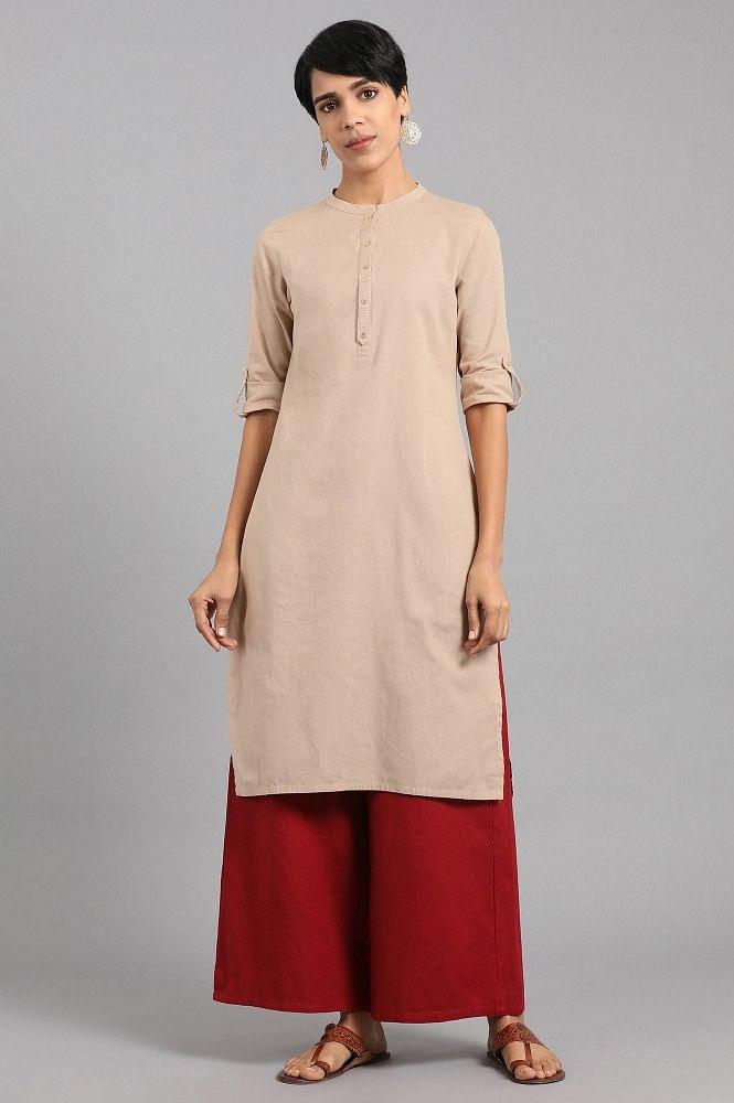 Beige Mandarin Neck Solid kurta - wforwoman