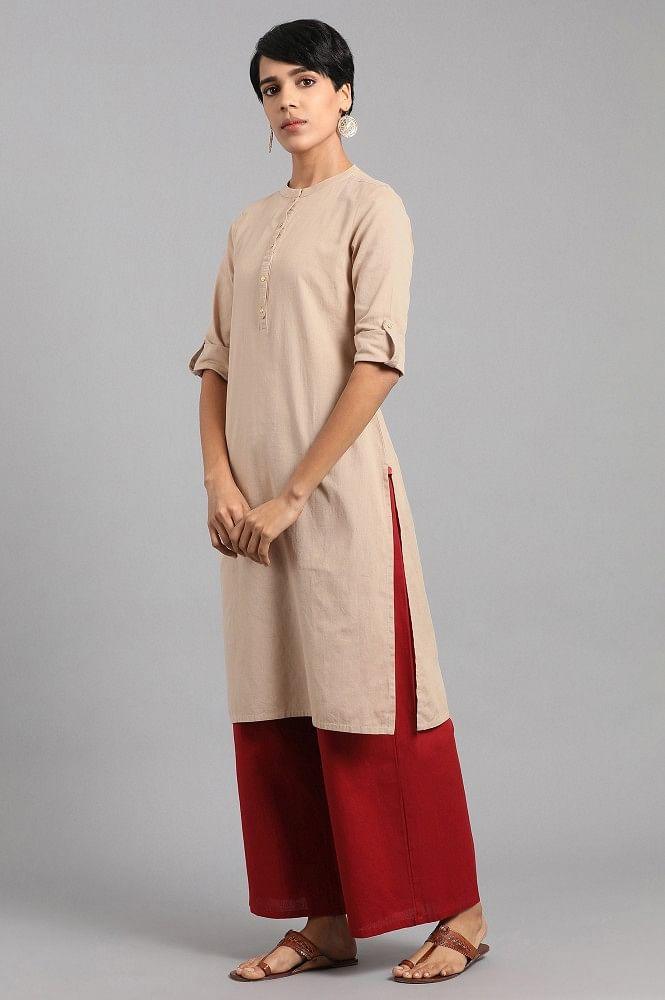 Beige Mandarin Neck Solid kurta - wforwoman