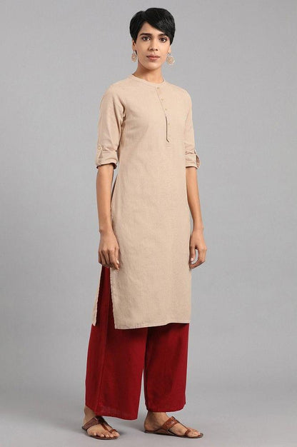 Beige Mandarin Neck Solid kurta - wforwoman