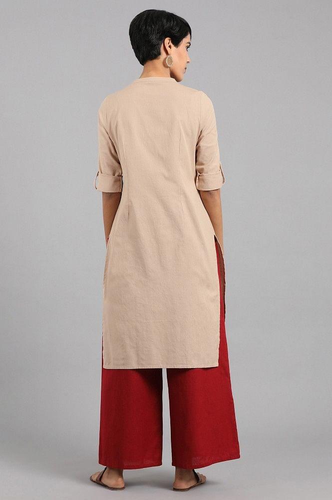 Beige Mandarin Neck Solid kurta - wforwoman