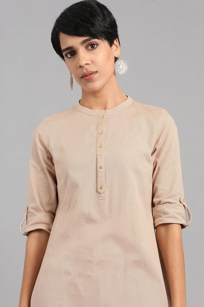 Beige Mandarin Neck Solid kurta - wforwoman