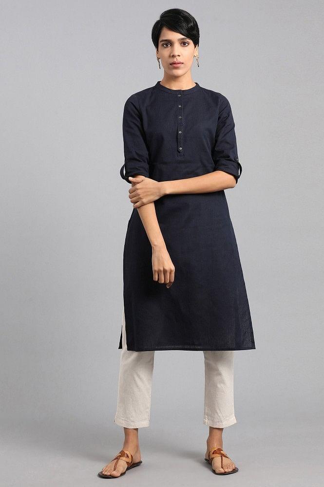 Blue Mandarin Neck Solid kurta - wforwoman