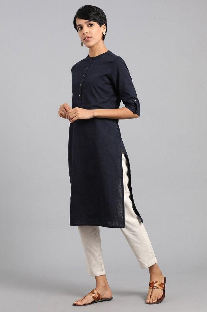 Blue Mandarin Neck Solid kurta - wforwoman