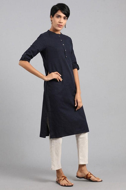 Blue Mandarin Neck Solid kurta - wforwoman