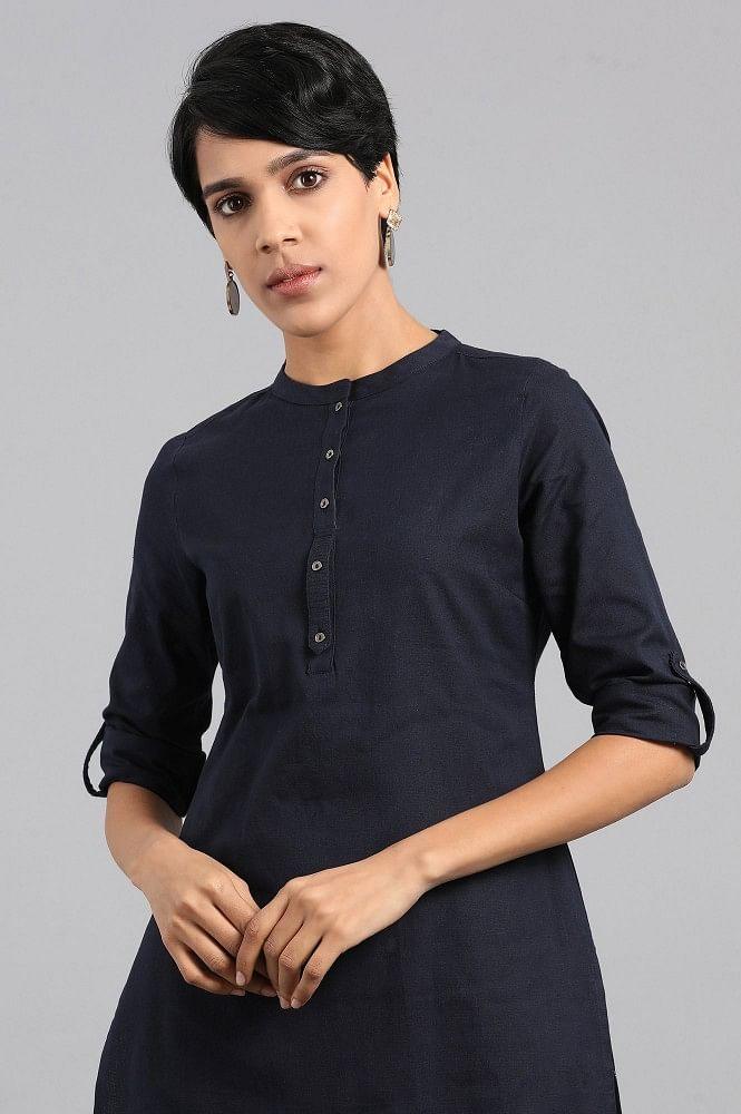 Blue Mandarin Neck Solid kurta - wforwoman