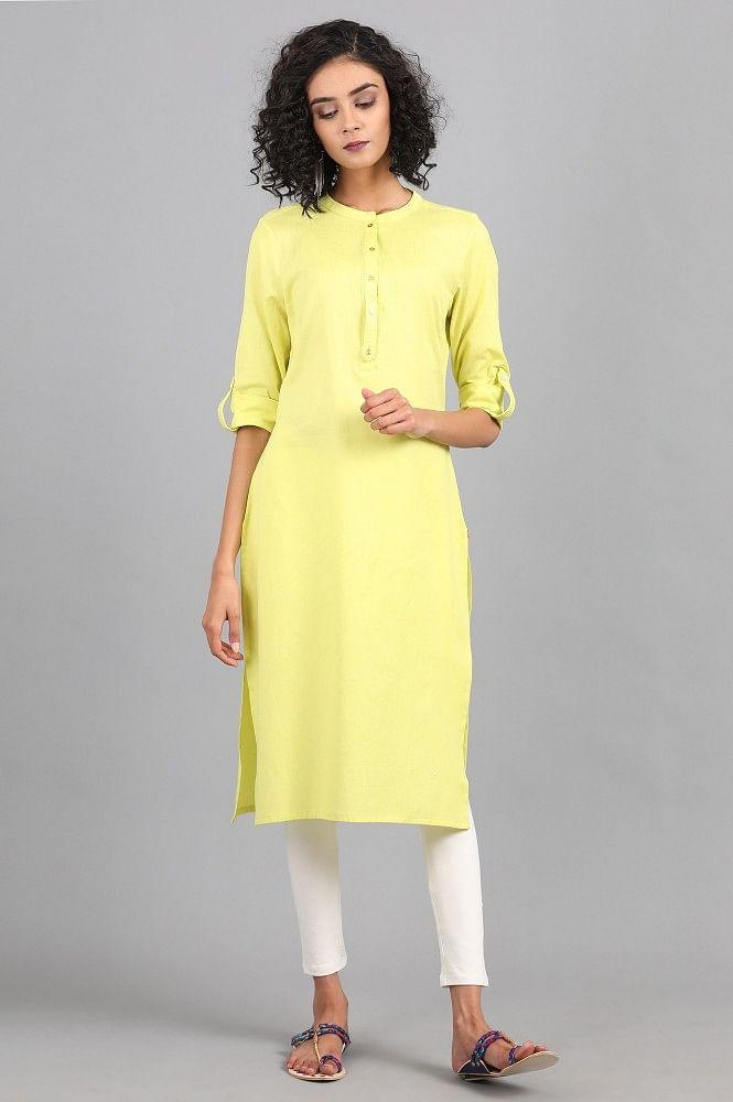 Yellow Mandarin Neck Solid kurta - wforwoman