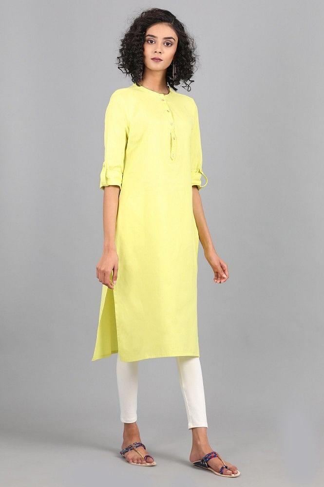 Yellow Mandarin Neck Solid kurta - wforwoman