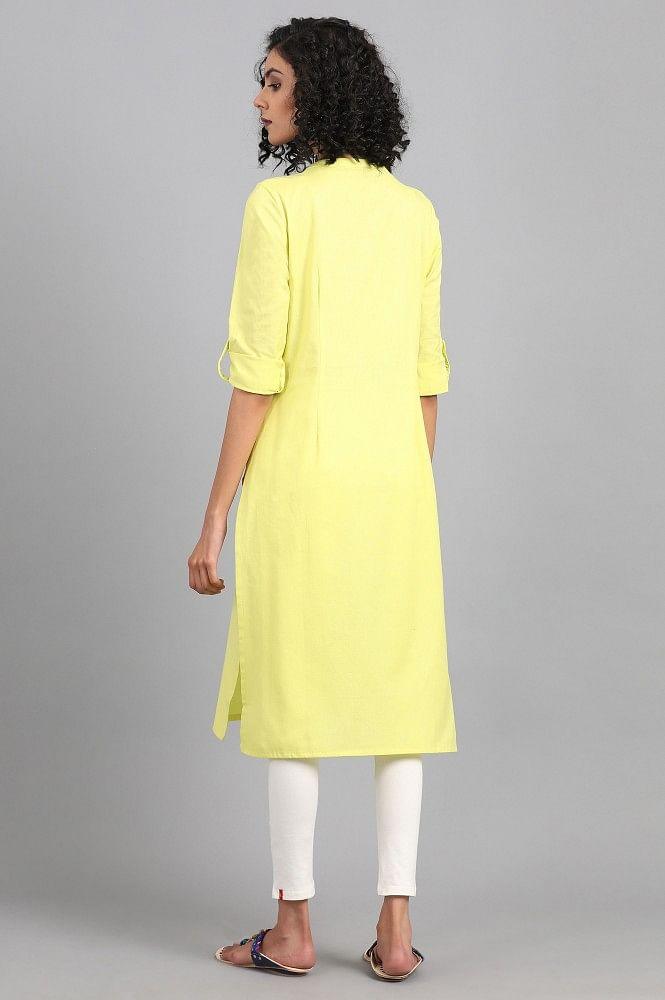 Yellow Mandarin Neck Solid kurta - wforwoman