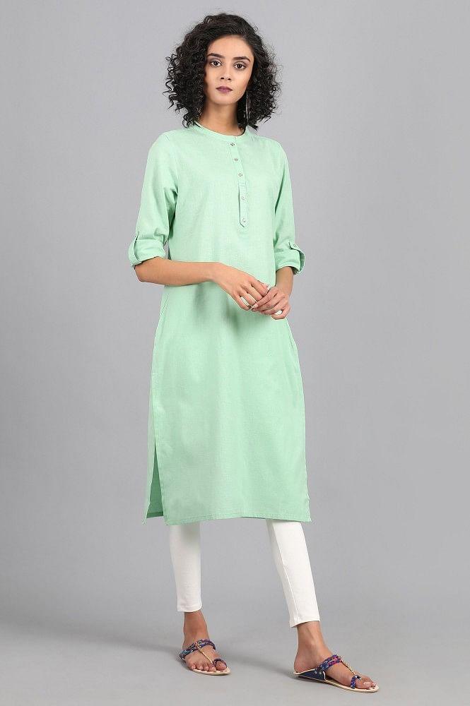 Green Mandarin Neck Solid kurta - wforwoman