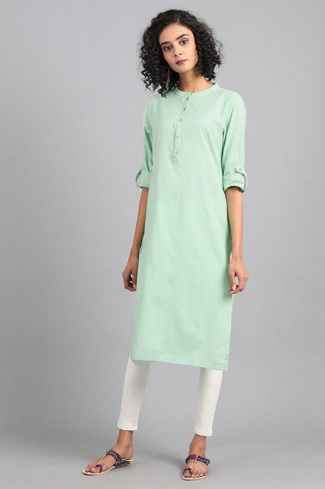 Green Mandarin Neck Solid kurta - wforwoman