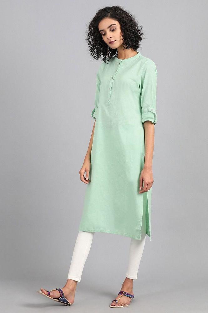 Green Mandarin Neck Solid kurta - wforwoman