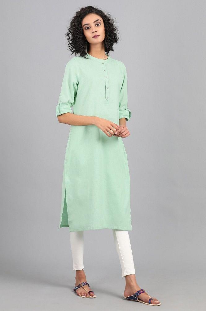 Green Mandarin Neck Solid kurta - wforwoman