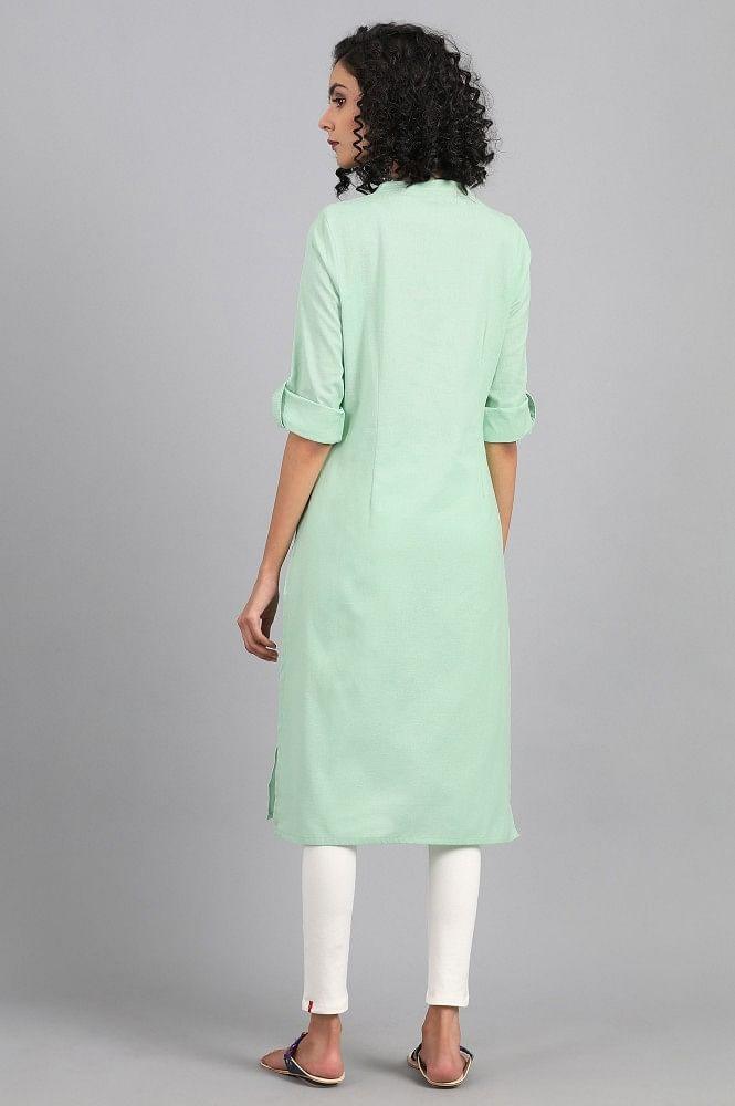 Green Mandarin Neck Solid kurta - wforwoman