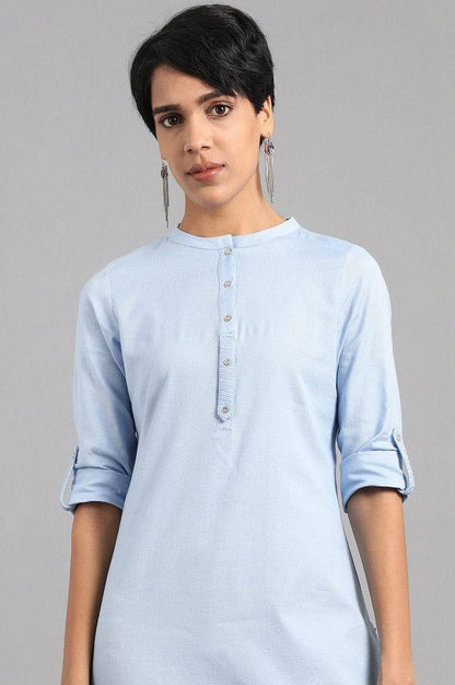 Blue Mandarin Neck Solid kurta - wforwoman