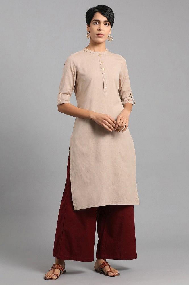 Beige Mandarin Neck Solid kurta - wforwoman