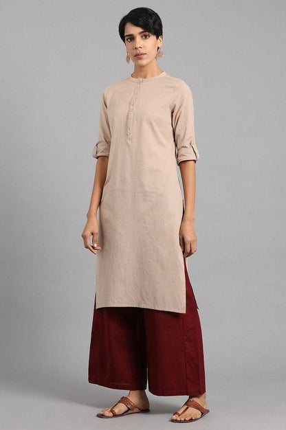 Beige Mandarin Neck Solid kurta - wforwoman