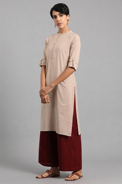 Beige Mandarin Neck Solid kurta - wforwoman