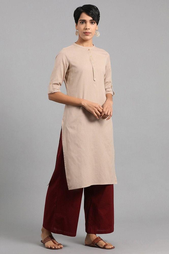 Beige Mandarin Neck Solid kurta - wforwoman