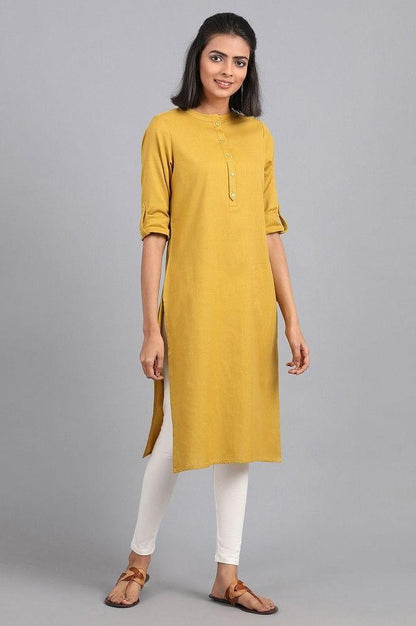 Yellow Mandarin Neck Solid kurta - wforwoman