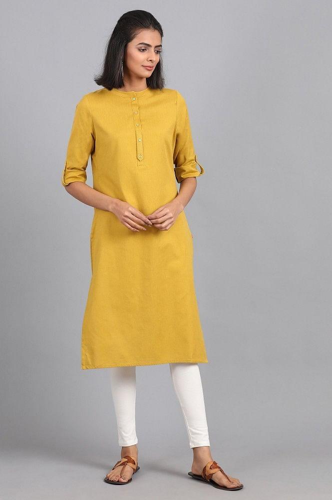 Yellow Mandarin Neck Solid kurta - wforwoman