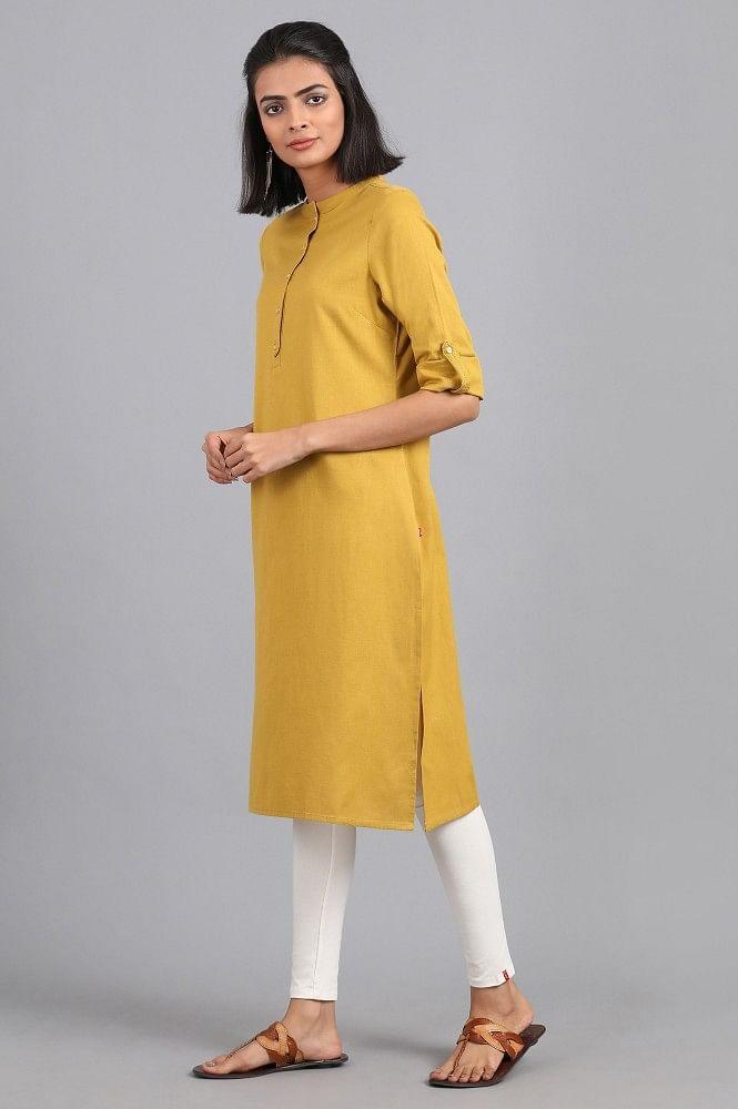 Yellow Mandarin Neck Solid kurta - wforwoman