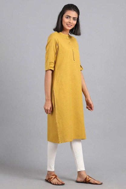 Yellow Mandarin Neck Solid kurta - wforwoman