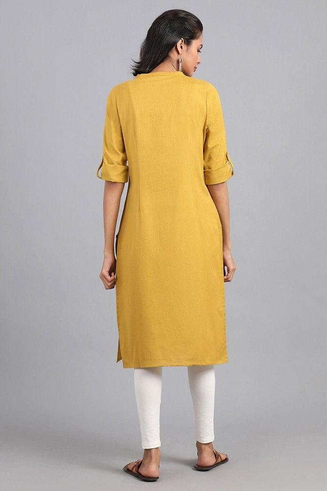 Yellow Mandarin Neck Solid kurta - wforwoman