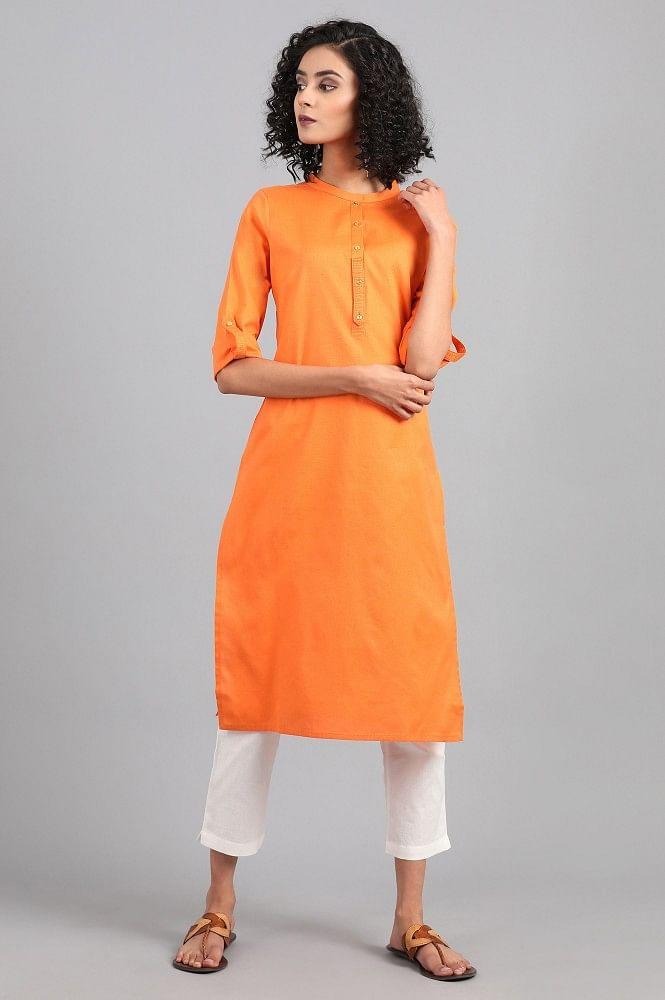 Orange Mandarin Neck Solid kurta - wforwoman