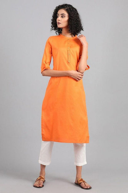 Orange Mandarin Neck Solid kurta - wforwoman