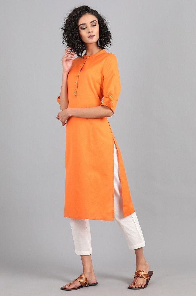 Orange Mandarin Neck Solid kurta - wforwoman