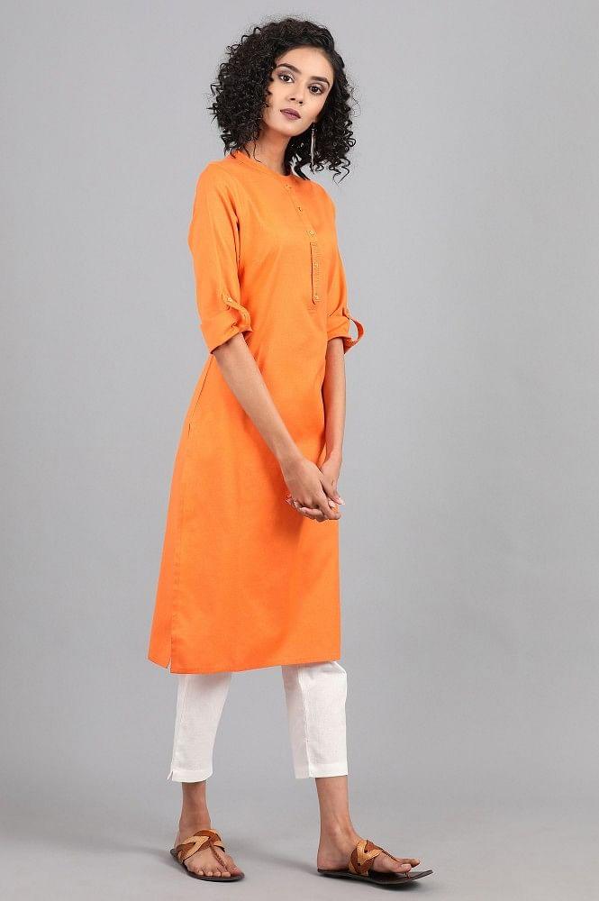 Orange Mandarin Neck Solid kurta - wforwoman