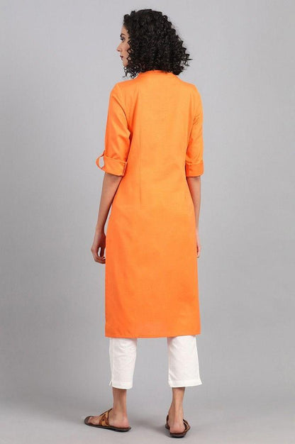 Orange Mandarin Neck Solid kurta - wforwoman