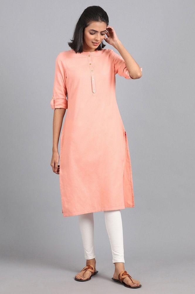 Peach Mandarin Neck Solid kurta - wforwoman