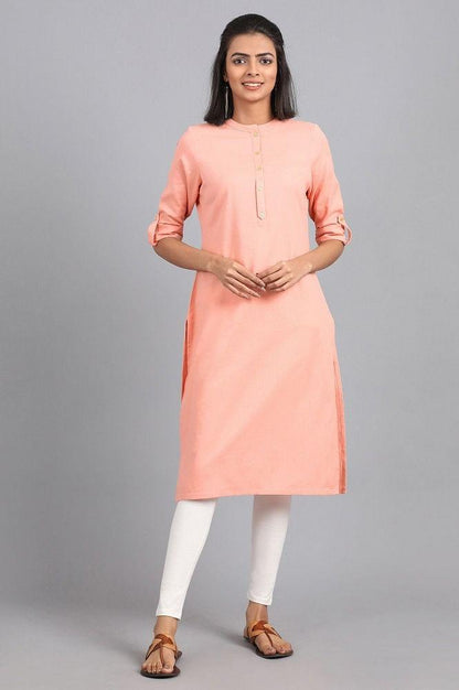 Peach Mandarin Neck Solid kurta - wforwoman