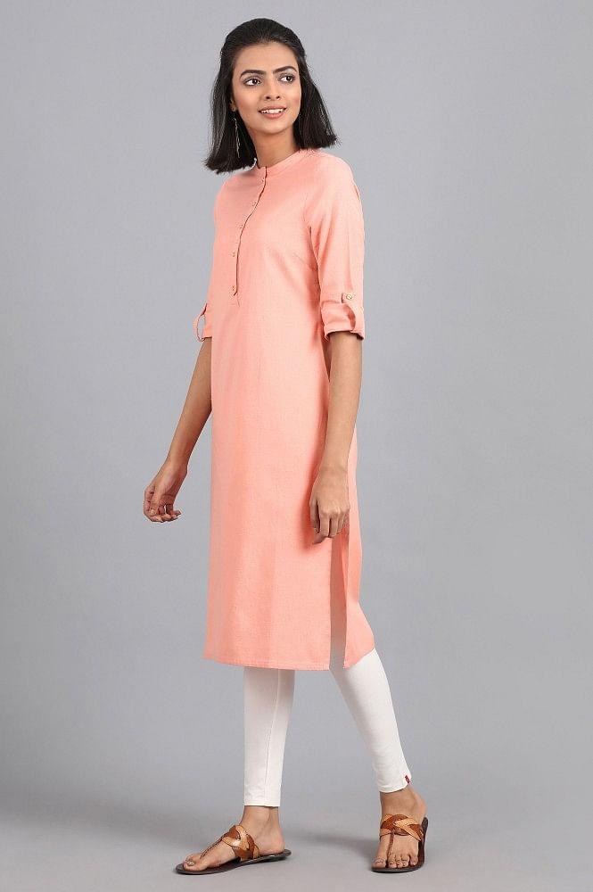 Peach Mandarin Neck Solid kurta - wforwoman