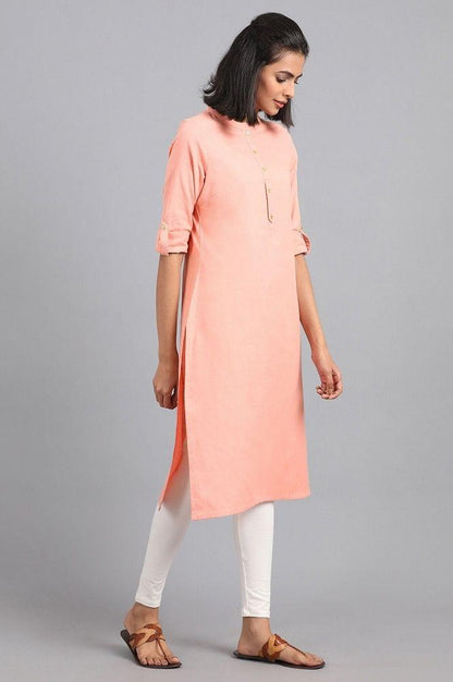 Peach Mandarin Neck Solid kurta - wforwoman